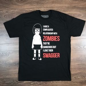 Bob Burgers Tina Belcher Zombies Swagger Men’s Cartoon Sitcom Black Shirt Sz 2XL